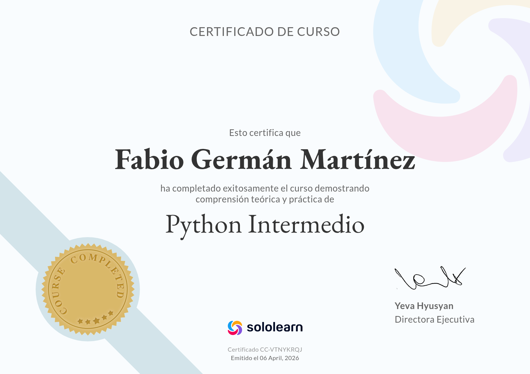 Certificado Python Intermedio SoloLearn